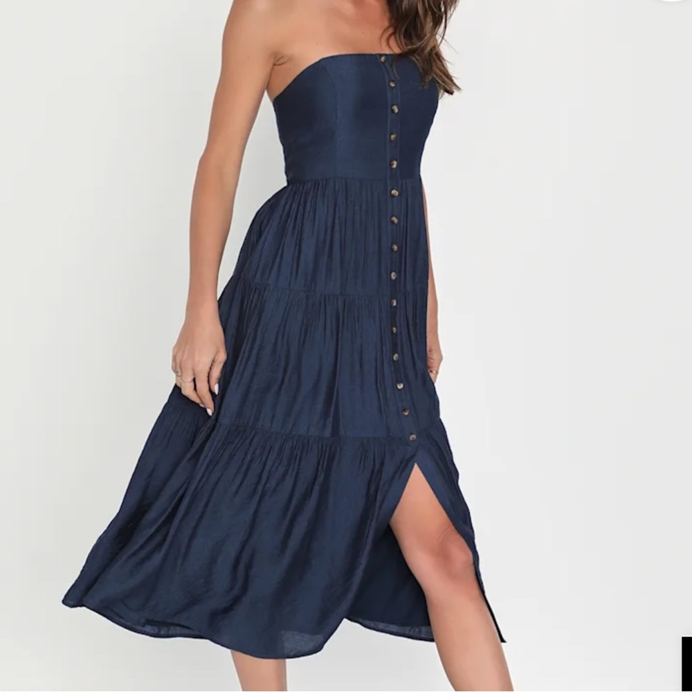 LULUS Women Small Sweetness Sunshine Navy Strapless Midi Fit Flare Pockets Dress